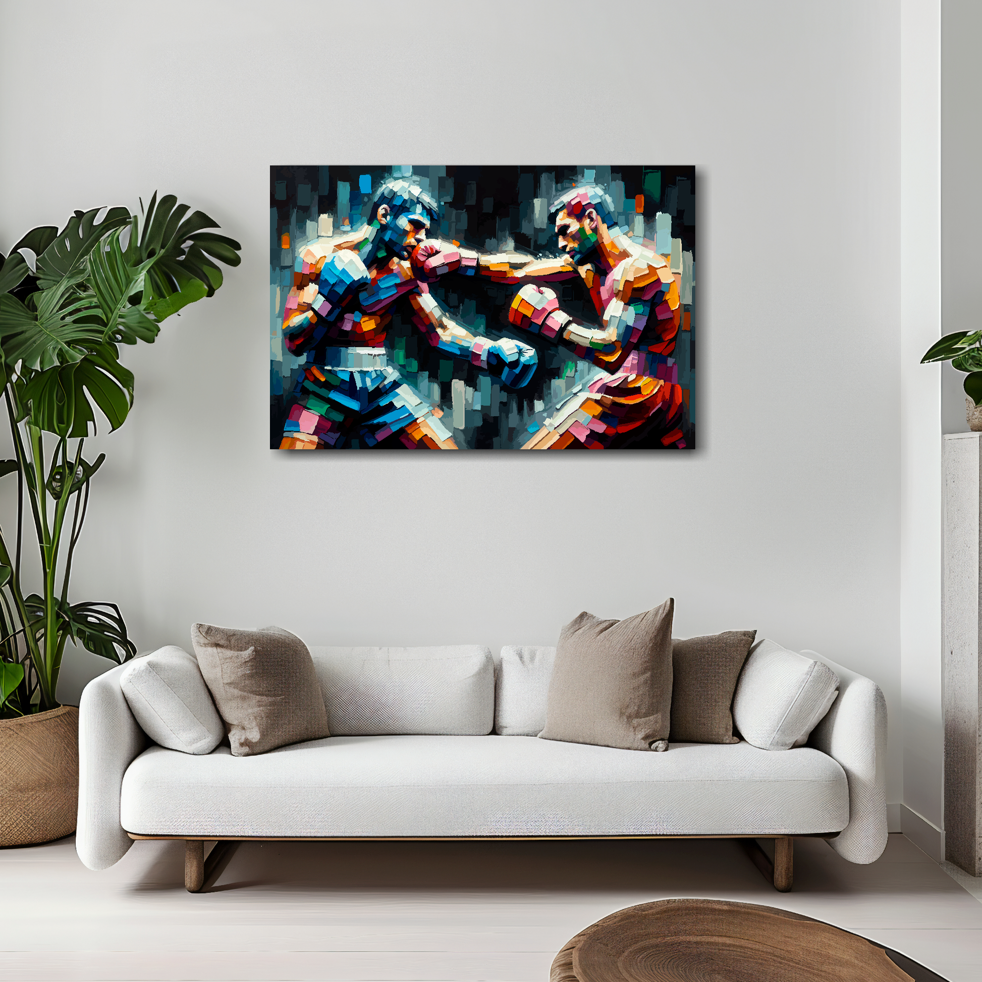 30 inch by 20 inch abstract canvas print of two colourful fighters. Mounted on a white wall above a white sofa with decorative pillows.