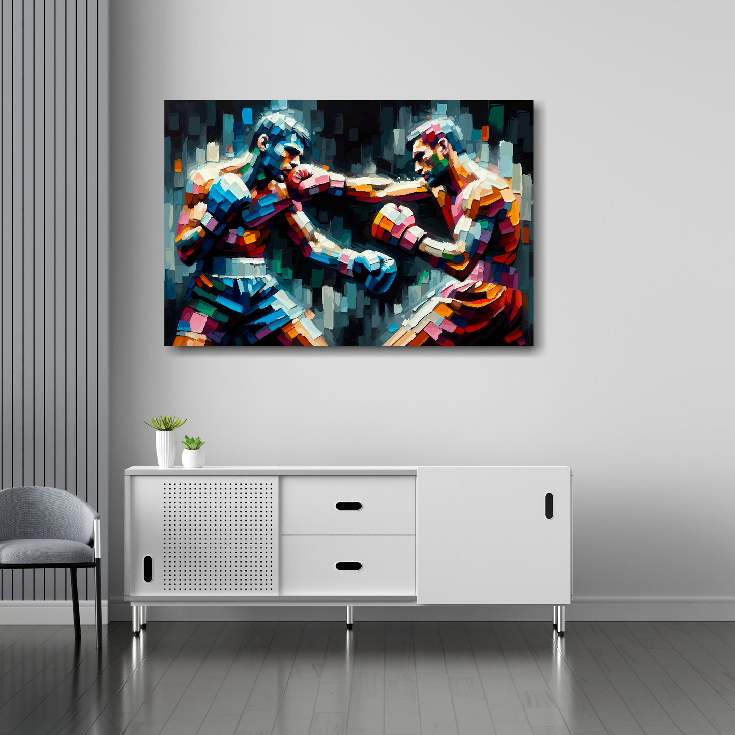 36 inch by 24 inch abstract canvas print of two colourful fighters. Mounted on a white wall above a white sideboard.