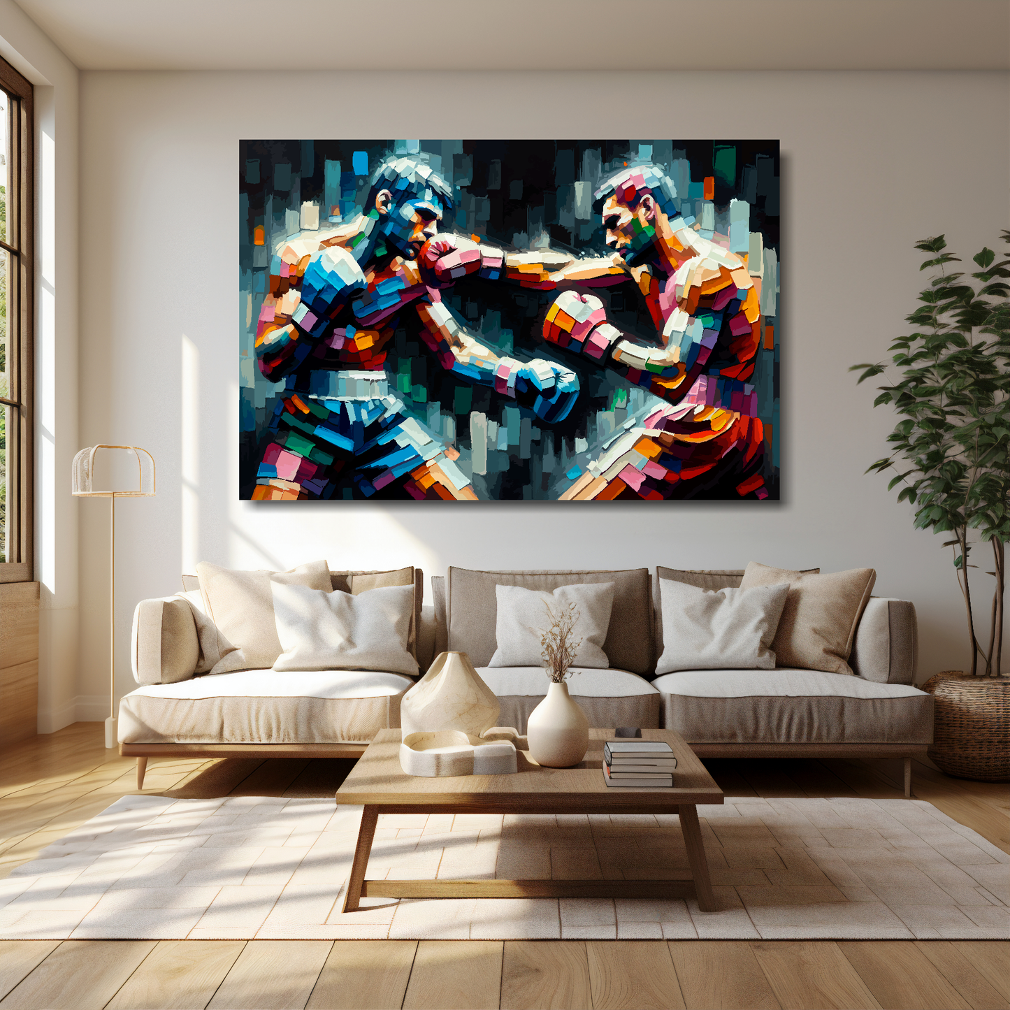 60 inch by 40 inch abstract canvas print of two colourful fighters. Mounted on a cream wall above a cream sofa with decorative pillows.