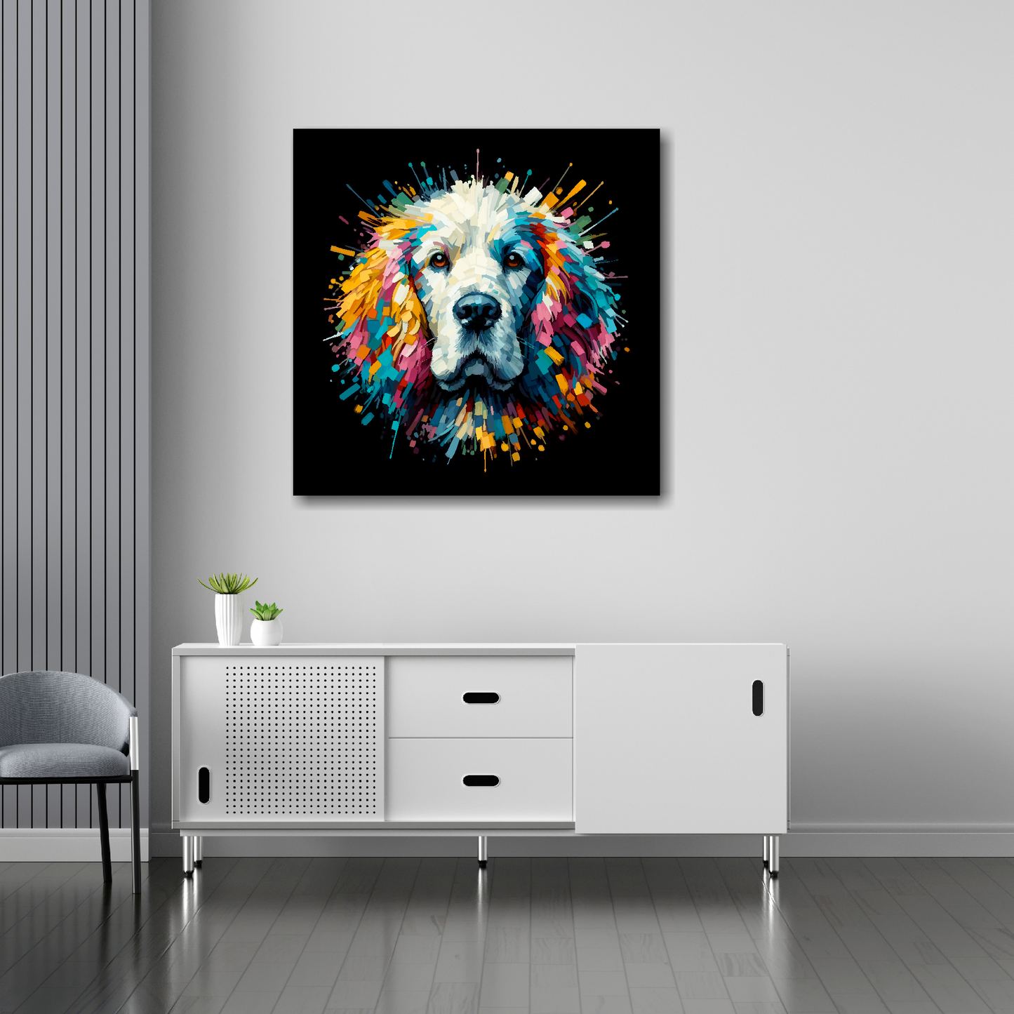 30 inch by 30 inch square canvas of a colourful Clumber Spaniel Dog head portrait on a black background. Mounted on a white wall above a white sideboard.
