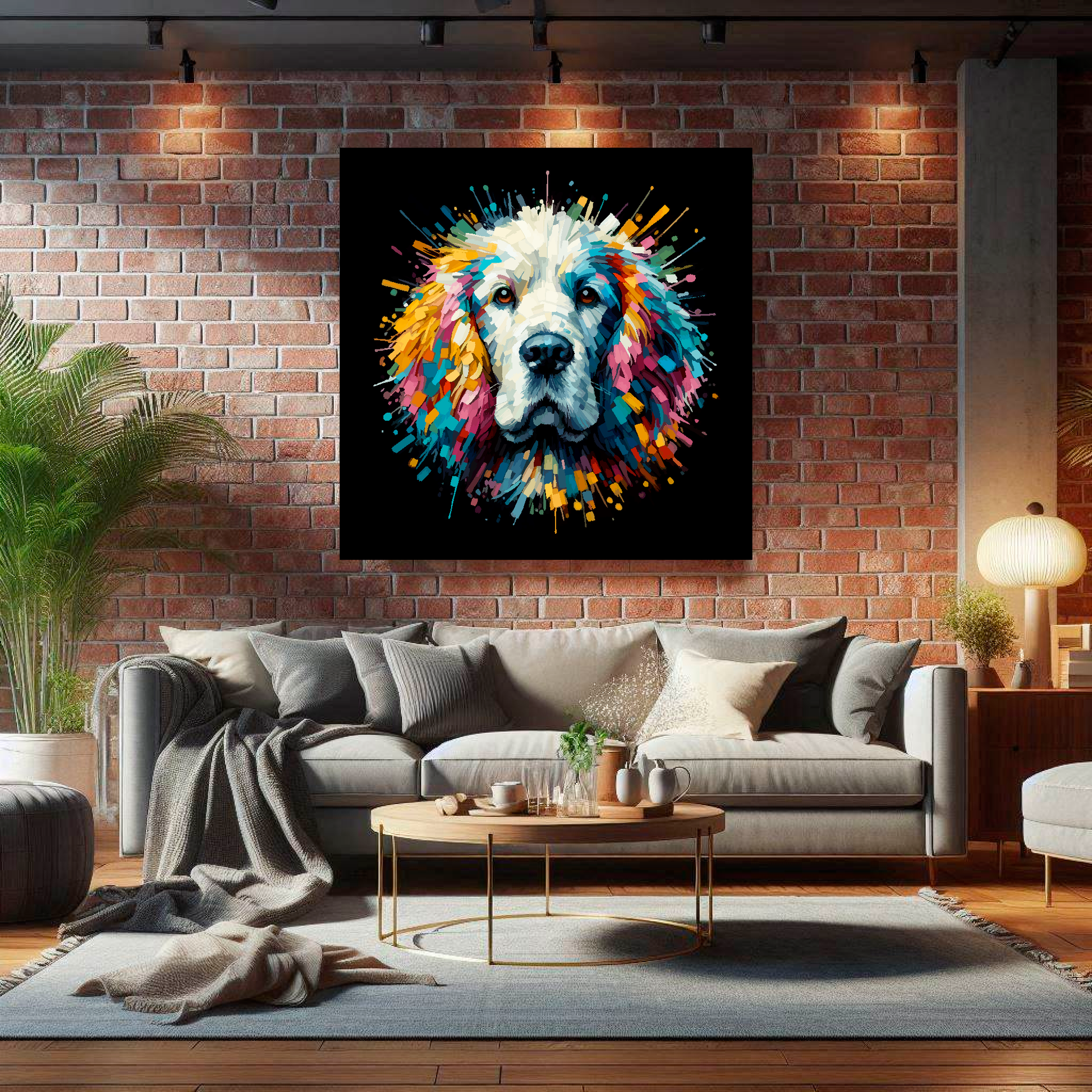Large canvas wall art - A vibrant multi-coloured head portrait of a Clumber Spaniel. Available in 3 large sizes.