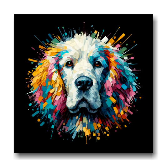 Large canvas wall art - A vibrant multi-coloured head portrait of a Clumber Spaniel. Available in 3 large sizes.