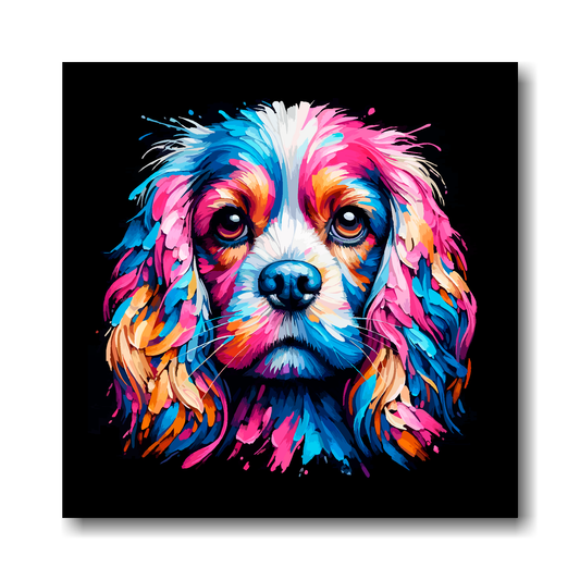 Multi-coloured abstract painting of a Cockalier dog's face on a black background.