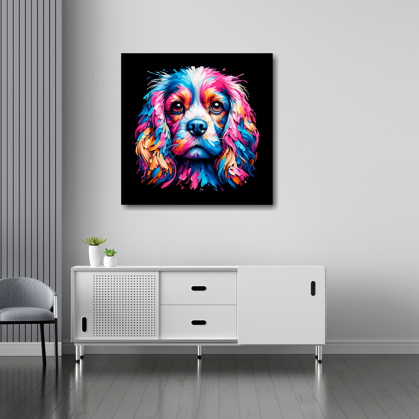 30 inch by 30 inch square canvas featuring a multi-coloured Cockalier dog portrait. Mounted on a white wall above a white sideoard.
