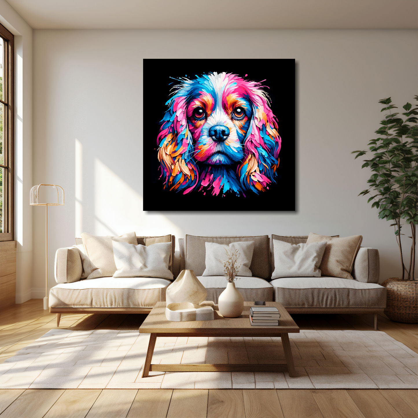 40 inch by 40 inch square canvas featuring a multi-coloured Cockalier dog portrait. Mounted on a cream wall above a cream sofa with decorative pillows.
