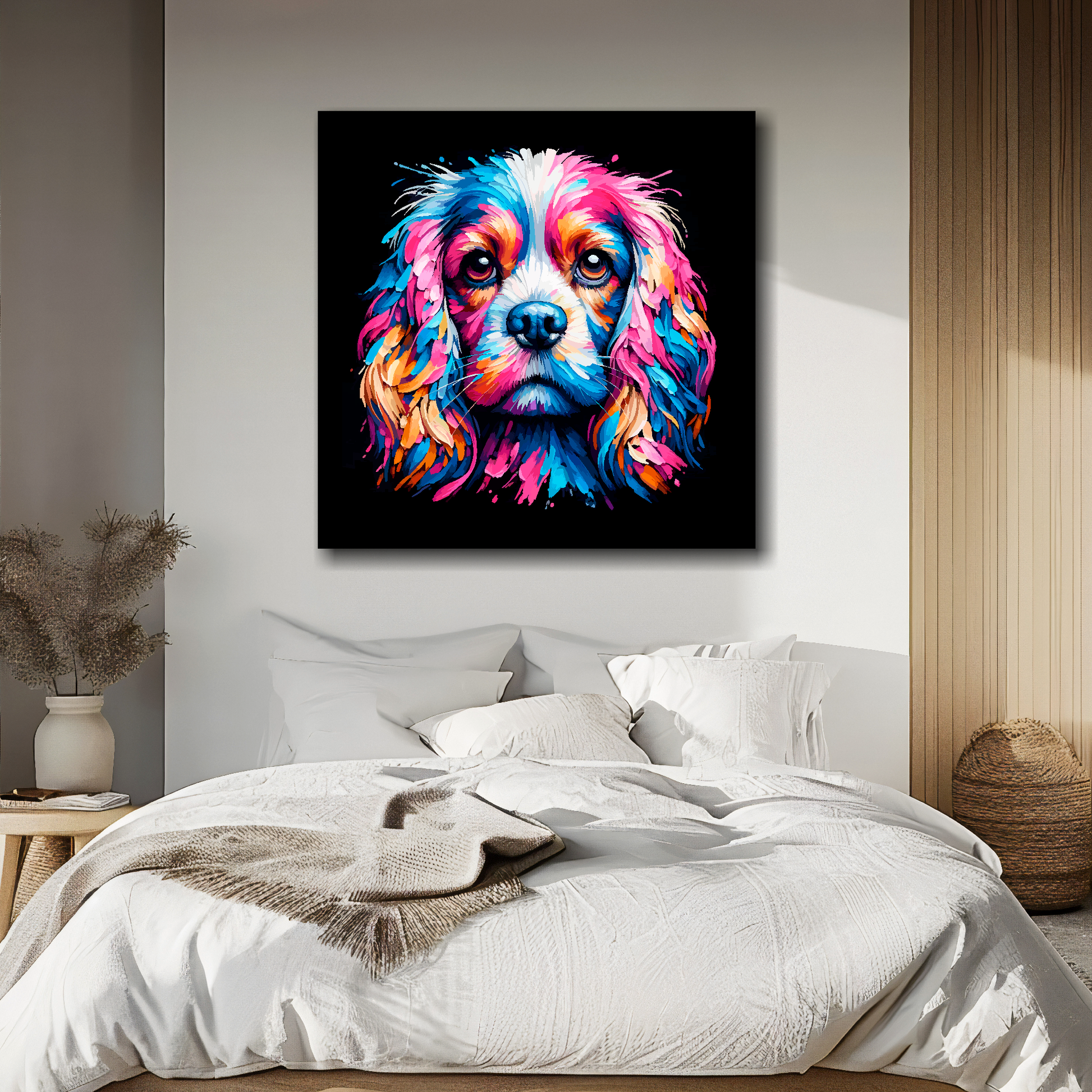 Square canvas featuring a multi-coloured Cockalier dog portrait. Mounted on a white wall above a double bed.