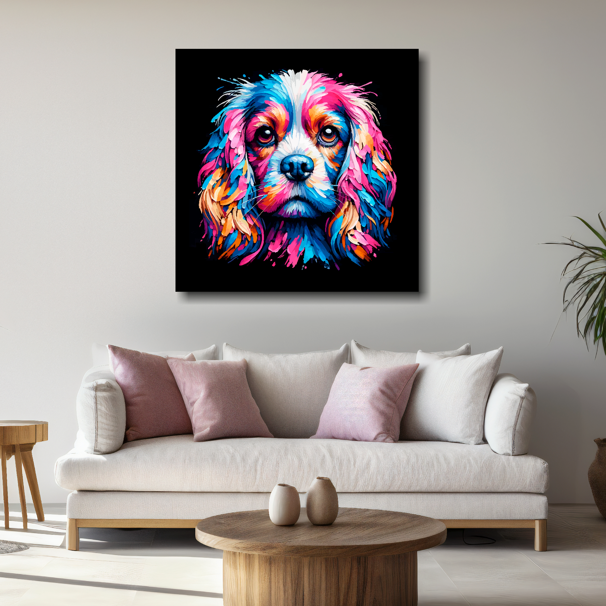 Large canvas featuring a multi-coloured Cockalier dog portrait. Mounted on a white wall above a white sofa with decorative pillows.