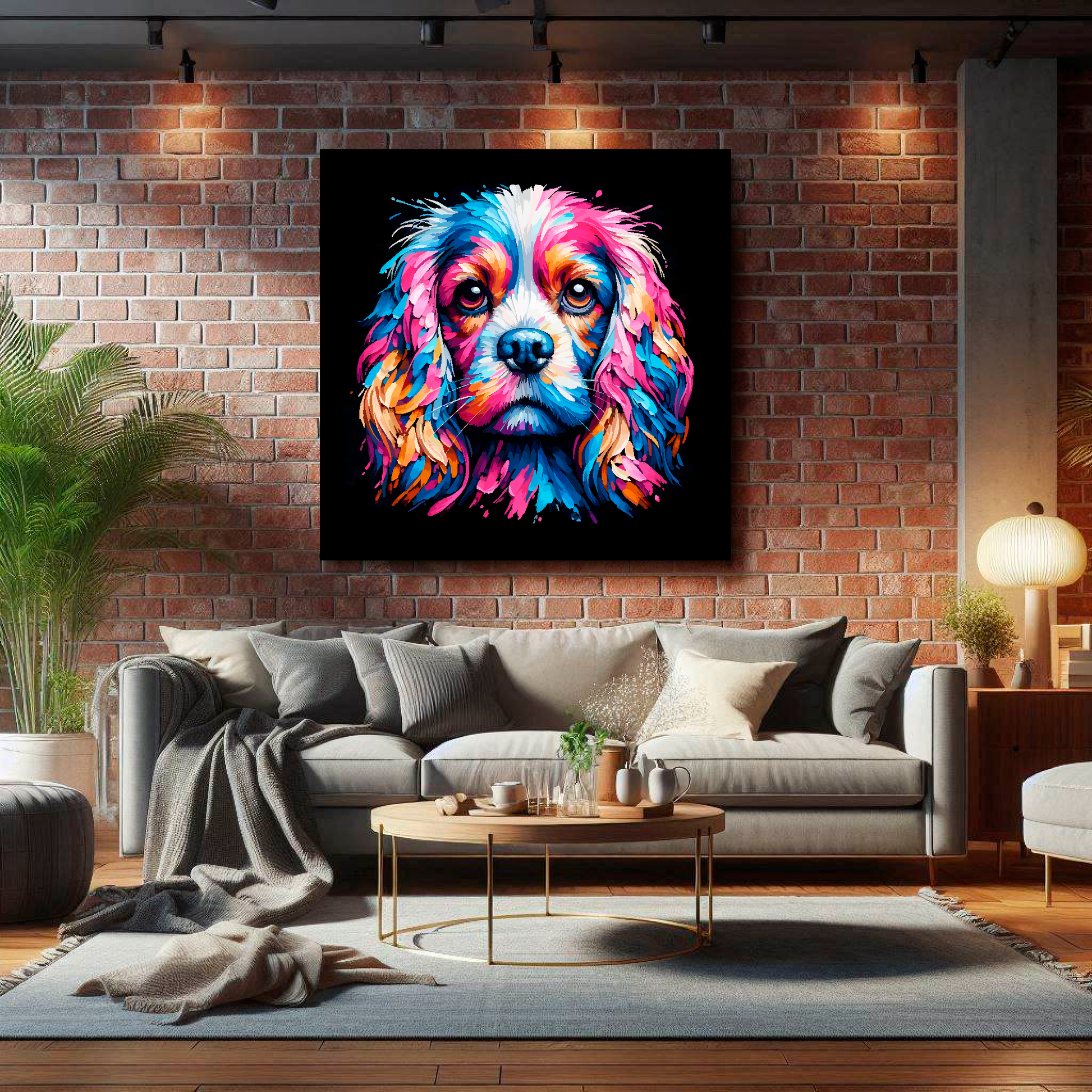 XL canvas print featuring a multi-coloured Cockalier dog portrait. Mounted on a brick wall above a grey sofa with decorative pillows.