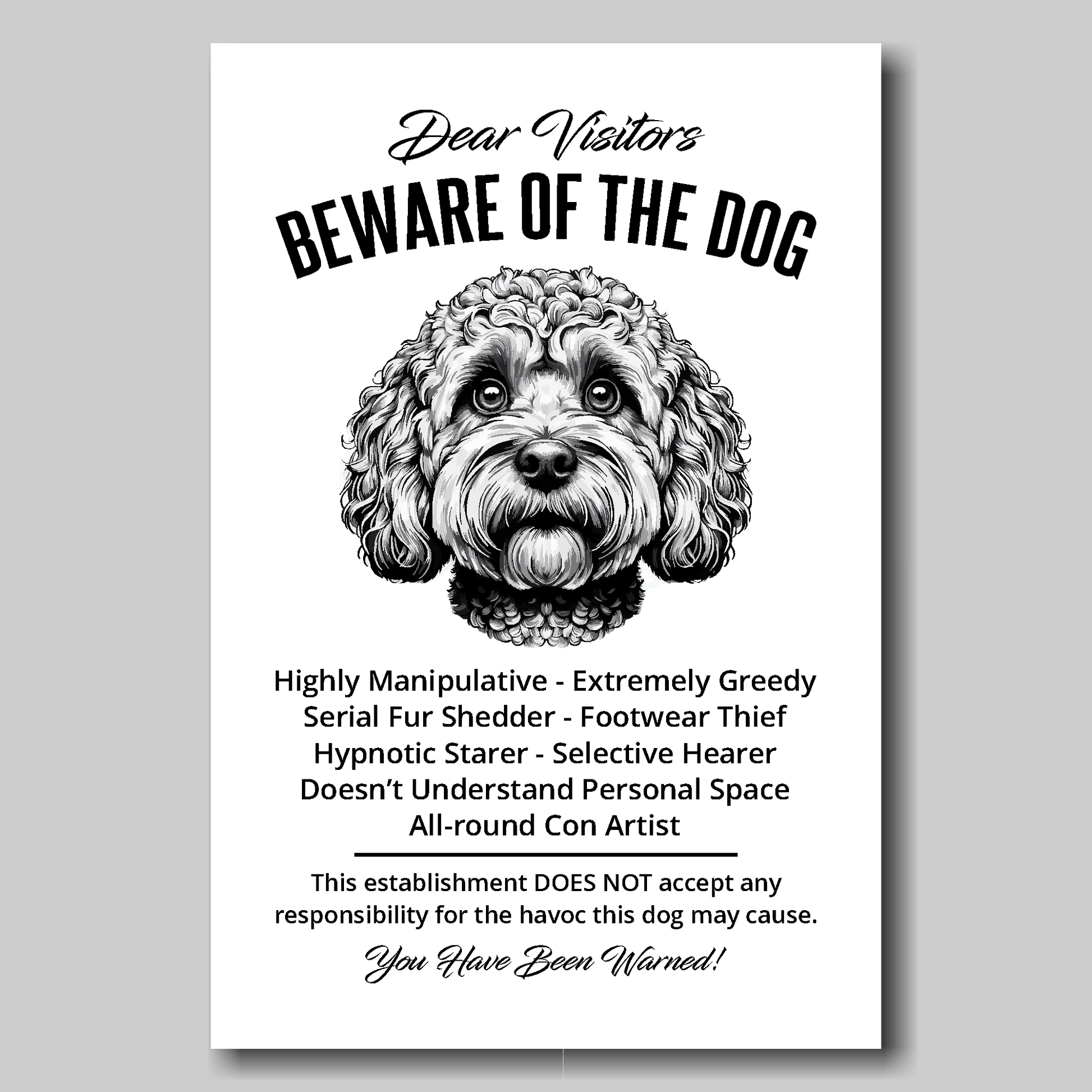 A funny Cockapoo 'Beware of the Dog' disclaimer notice. Black text and dog image on a white background. Available in 4 Canvas sizes. A humorous gift for dog owners.
