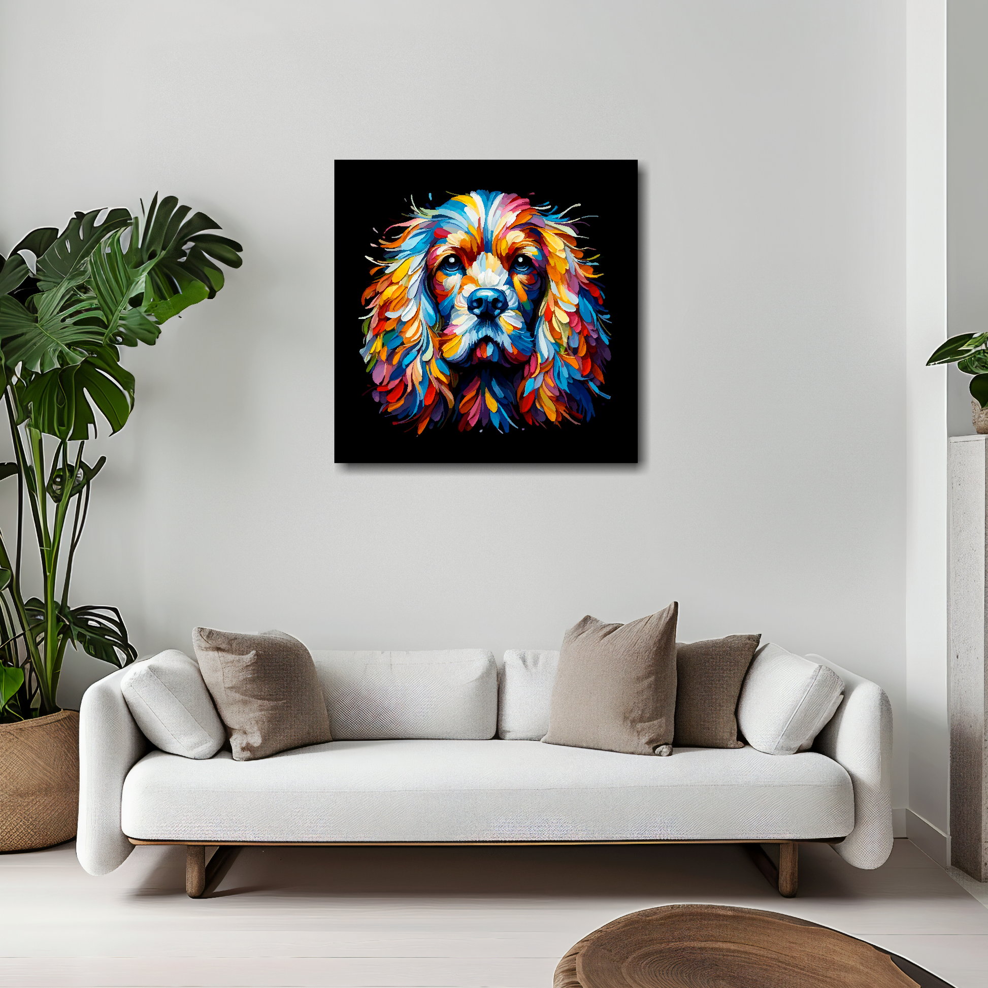 20 inch by 20 inch square canvas of a colourful English Cocker Spaniel dog head portrait on a black background. Mounted on a white wall above a white sofa with decorative pillows.