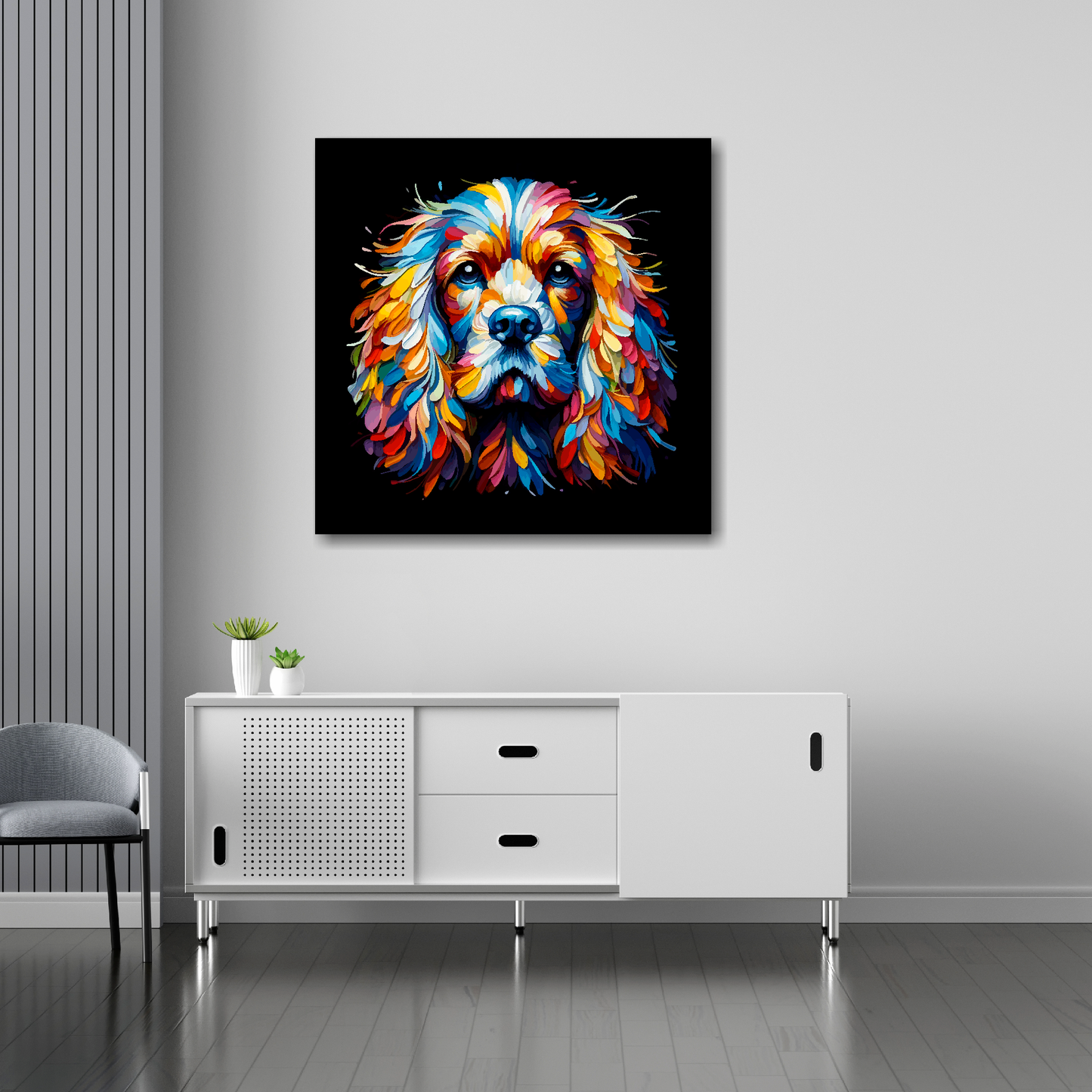30 inch by 30 inch square canvas of a colourful English Cocker Spaniel dog head portrait on a black background. Mounted on a white wall above a white sideboard.