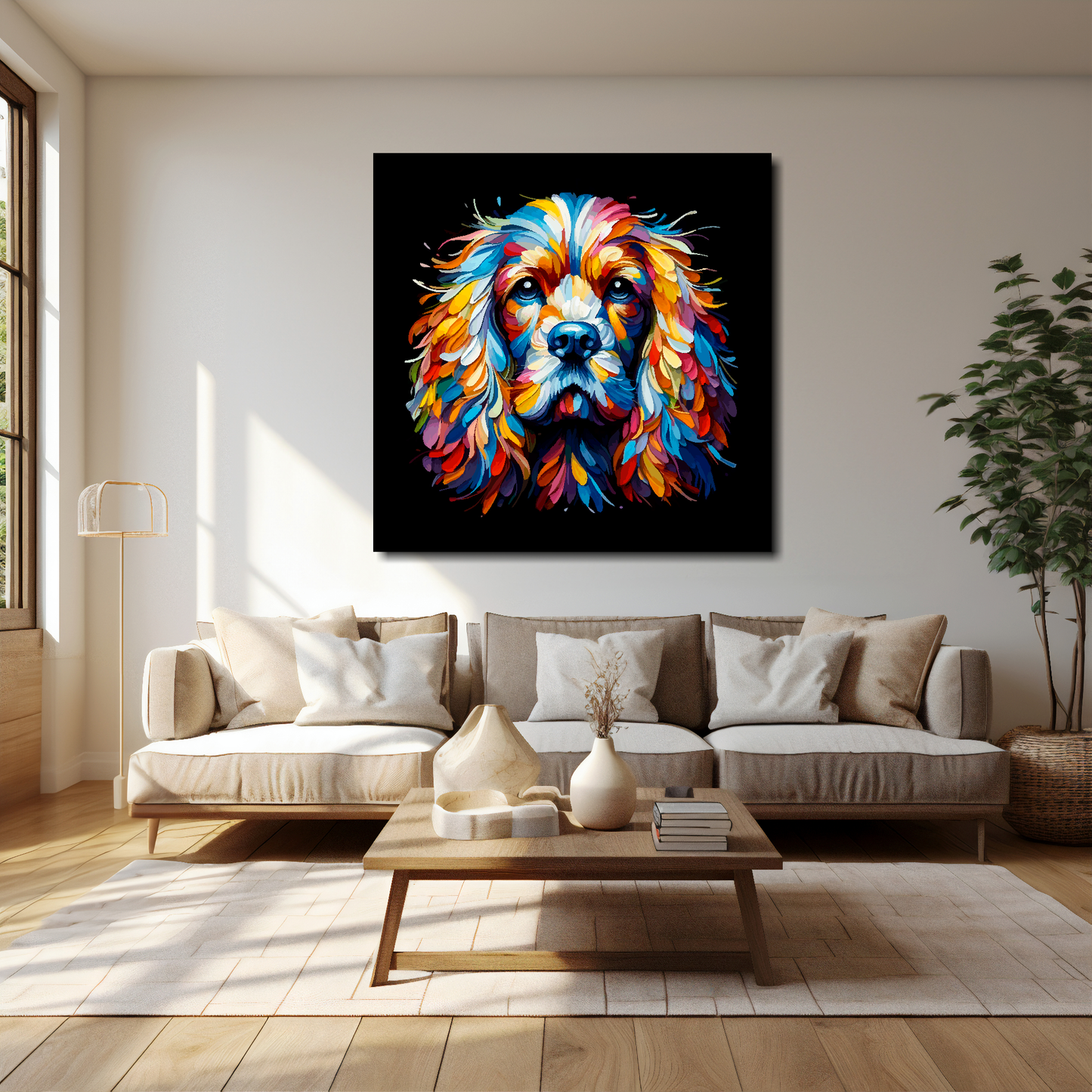 40 inch by 40 inch square canvas of a colourful English Cocker Spaniel dog head portrait on a black background. Mounted on a white wall above a cream sofa with decorative pillows.
