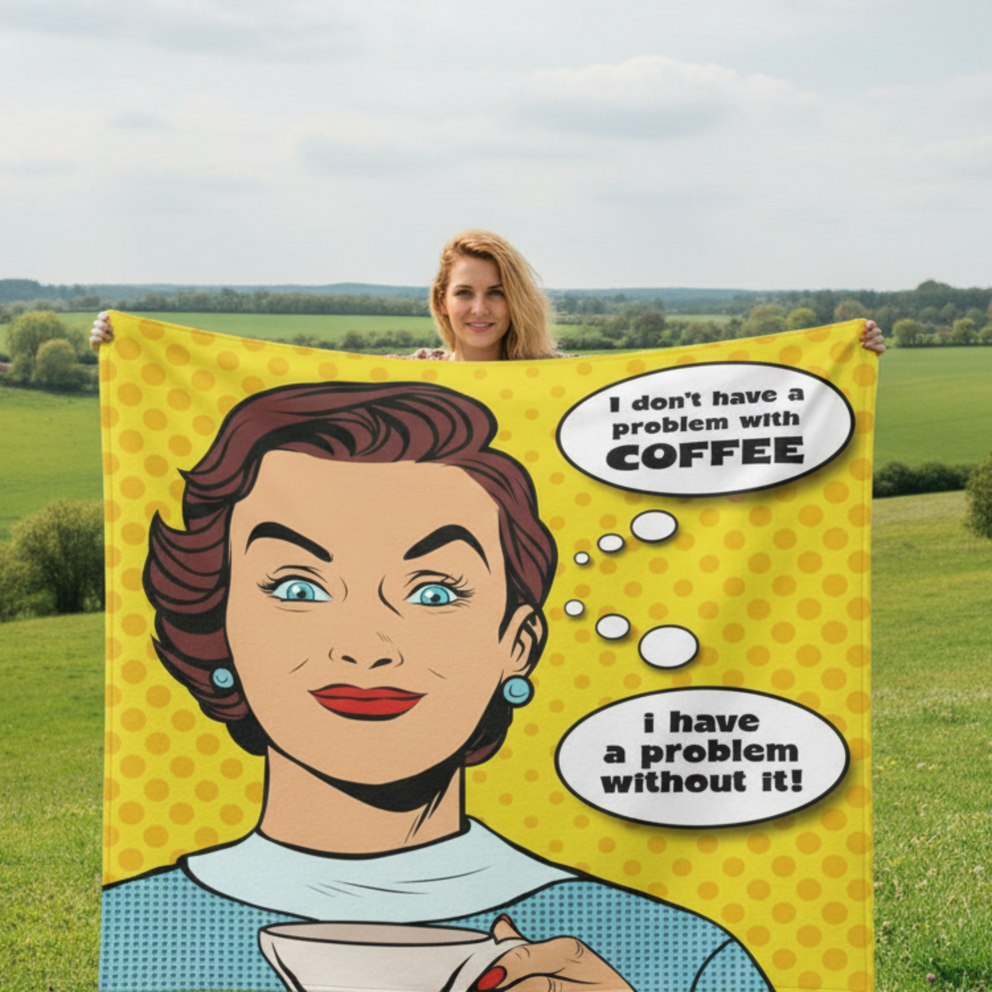 Coffee Problem blanket outdoors showing 150cm x 150cm double bed size and lightweight design