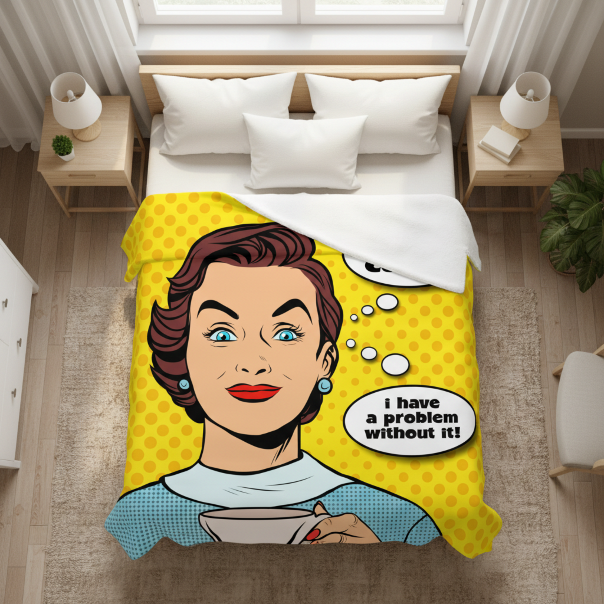 Close-up of Coffee Problem fleece blanket showing ultra-soft texture and vibrant pop art print on a bed