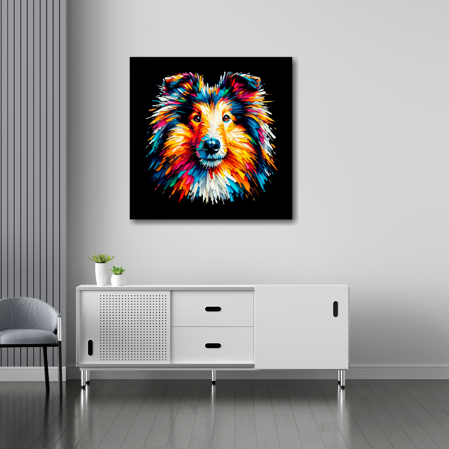 30 inch by 30 inch square canvas of a colourful Rough Collie Dog head portrait on a black background. Mounted on a white wall above a white sideboard.