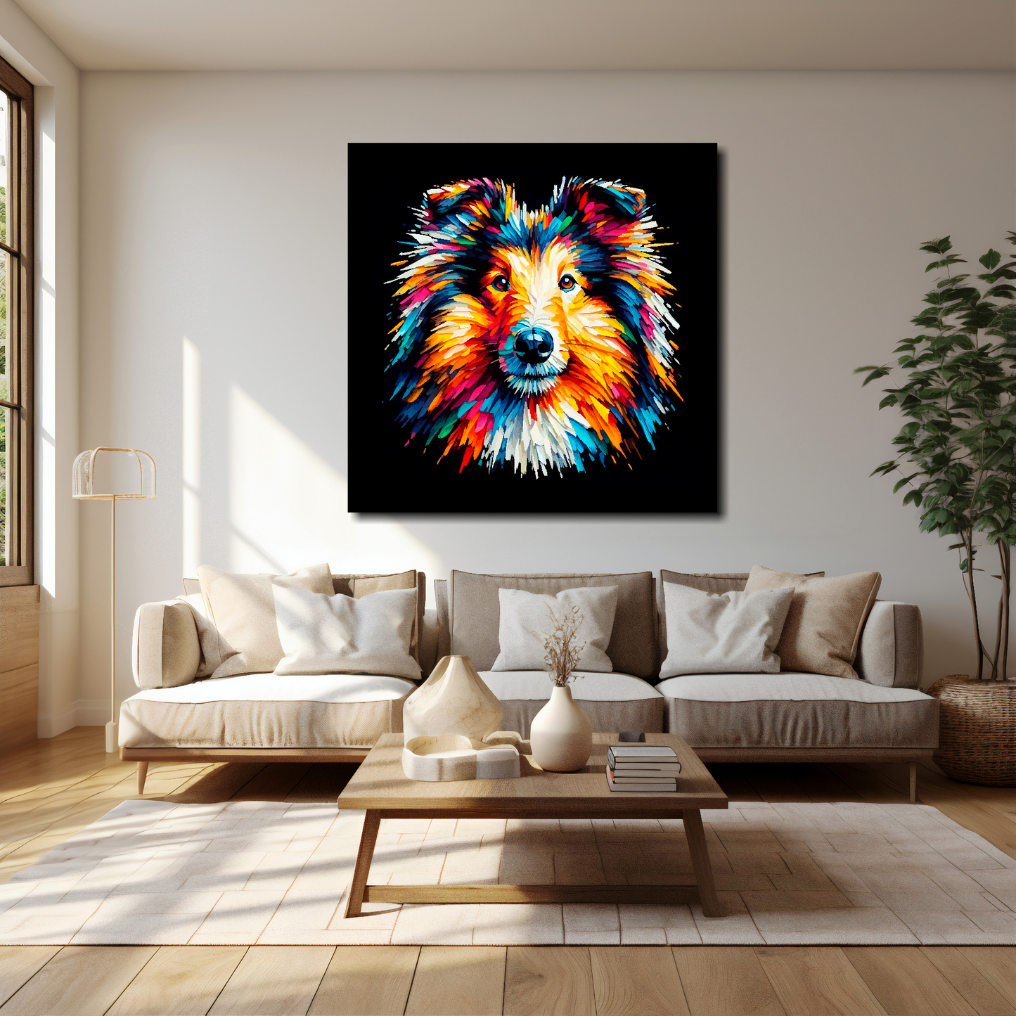 40 inch by 40 inch square canvas of a colourful Rough Collie Dog head portrait on a black background. Mounted on a white wall above a cream sofa with decorative pillows.