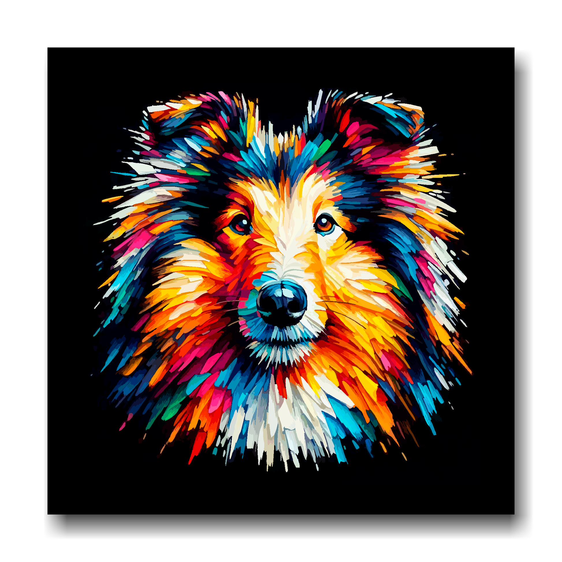 Large canvas wall art - A vibrant multi-coloured head portrait of a Rough Collie. Available in 3 large sizes.
