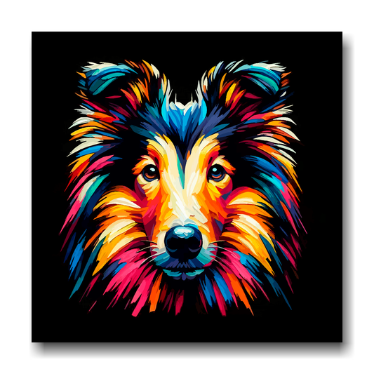 Large canvas wall art - A vibrant multi-coloured head portrait of a Smooth Collie. Available in 3 large sizes.