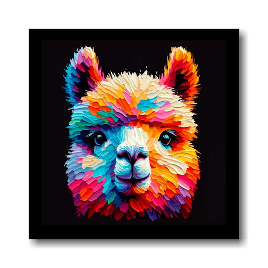 Large canvas wall art - Colourful Alpaca portrait on a black background. Available in 3 large sizes.