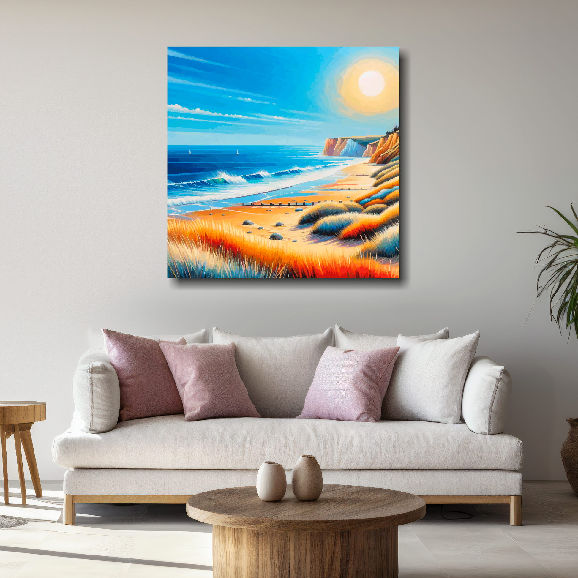 Large canvas wall art - A vibrant multi-coloured Norfolk beach landscape. Available in 3 large sizes.