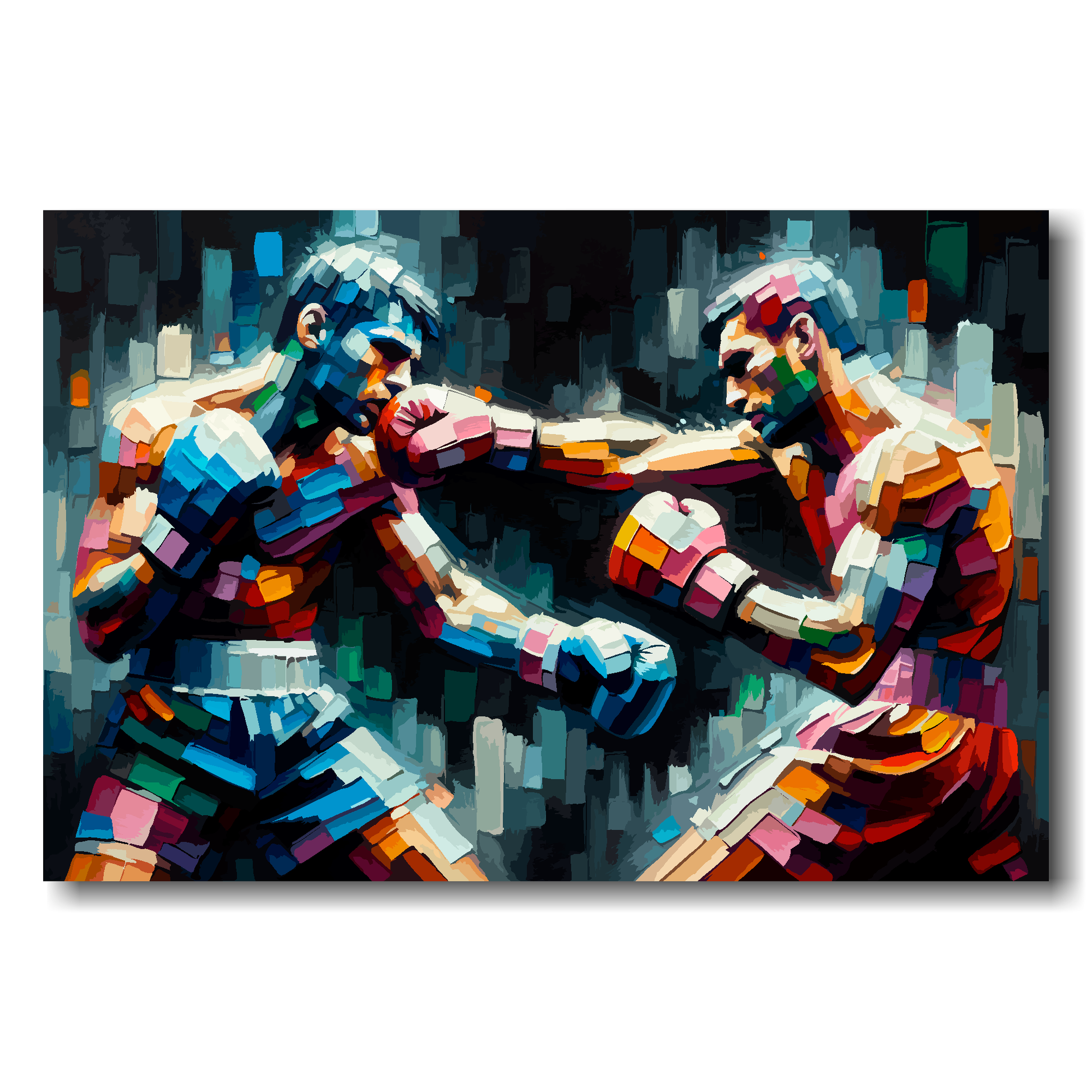 Canvas print of two boxers in the colourful heat of battle.