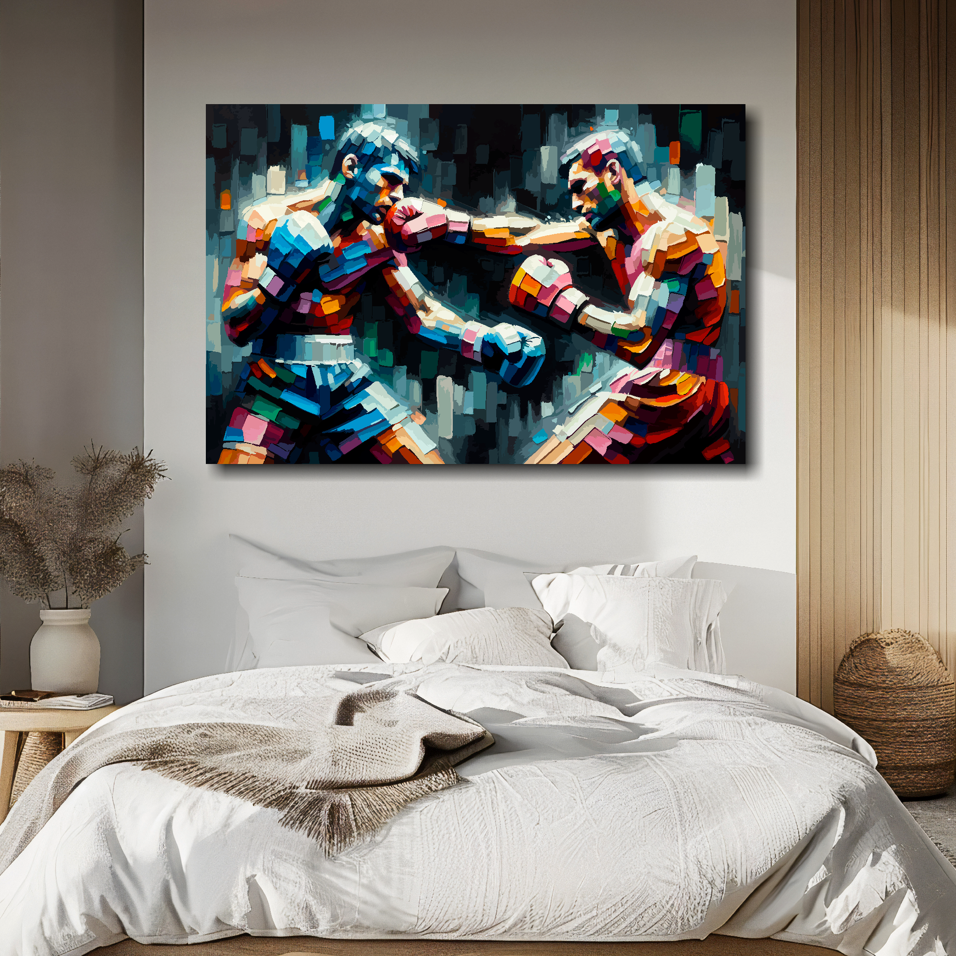 Large abstract canvas print of two colourful fighters. Mounted on a white wall above a double bed.