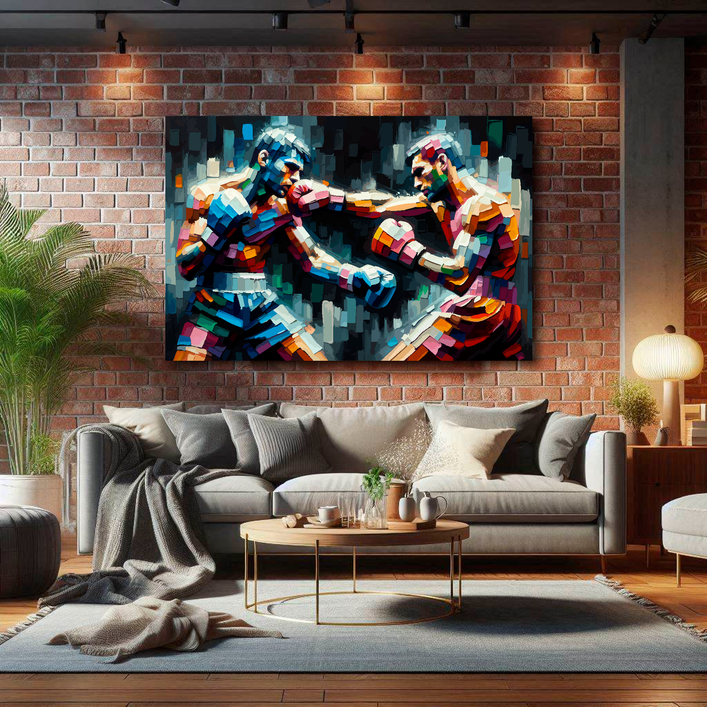 XL abstract canvas print of two colourful fighters. Mounted on a brick wall above a grey sofa with decorative pillows.