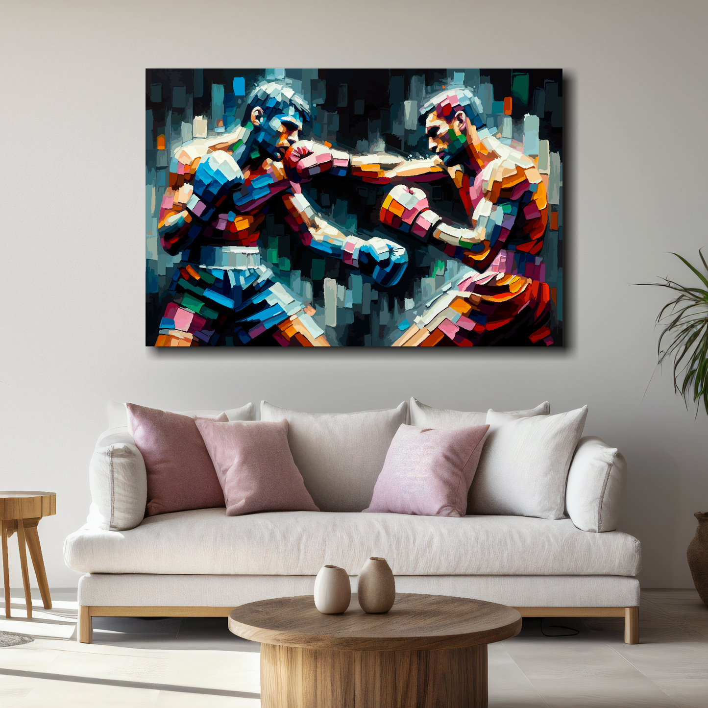 Colourful abstract painting of two boxers above a white sofa in a living room.