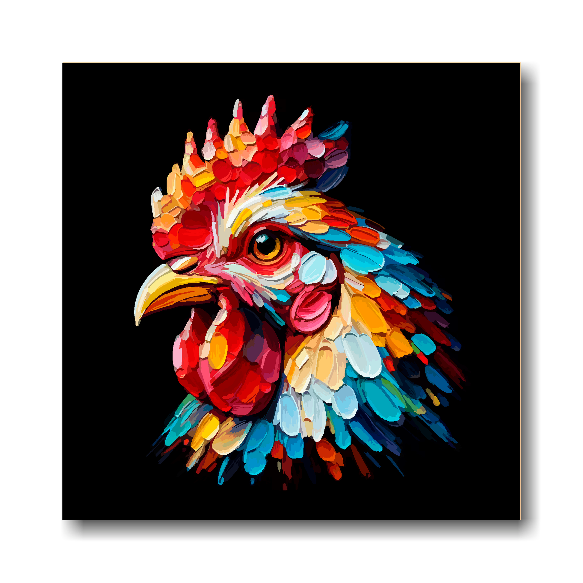 Large canvas wall art - Colourful Chicken portrait on a black background. Available in 3 large sizes.