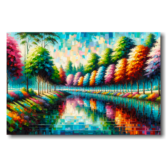 Colorful forest scene with trees and a lake
