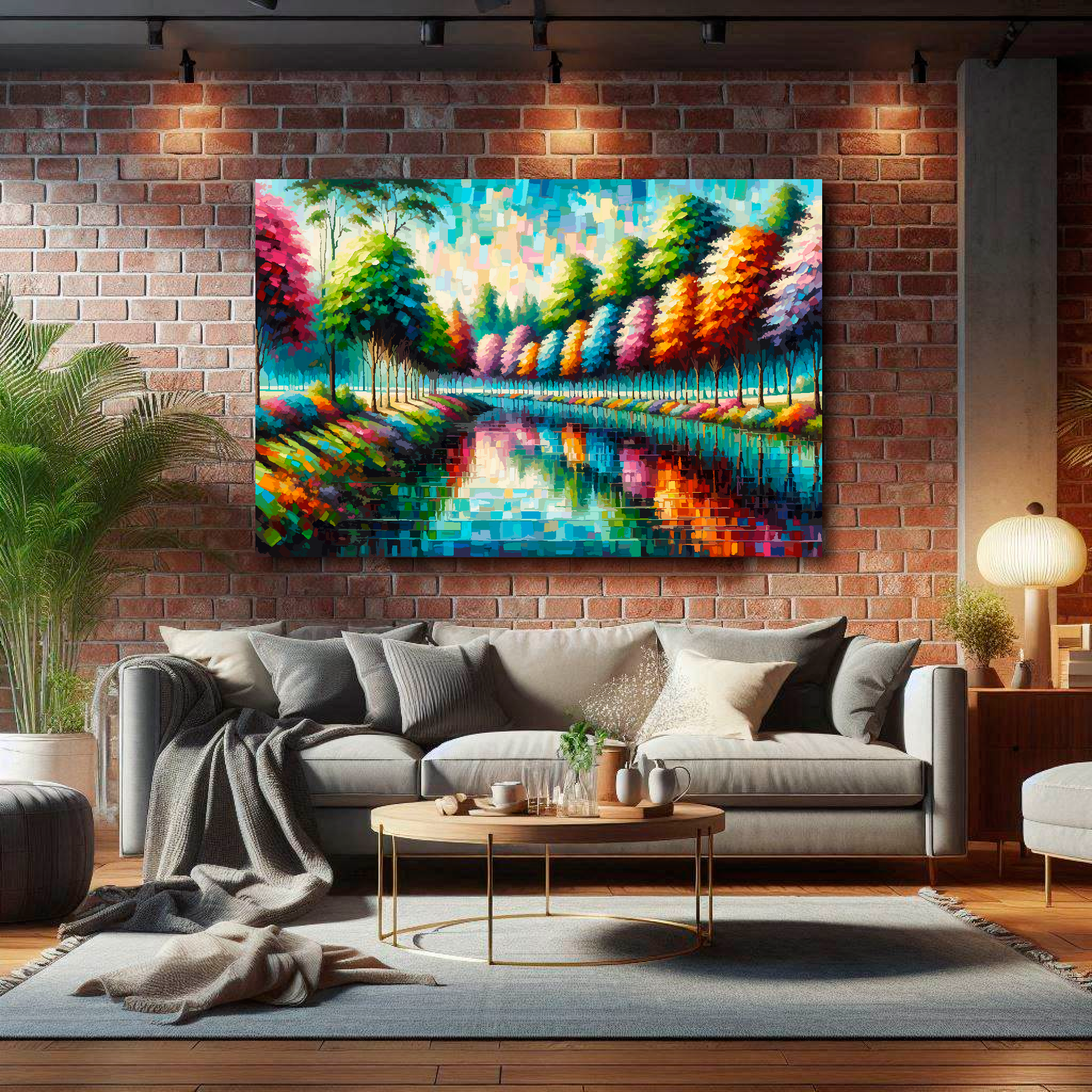 Colorful abstract painting of a forest scene on a brick wall above a gray sofa.