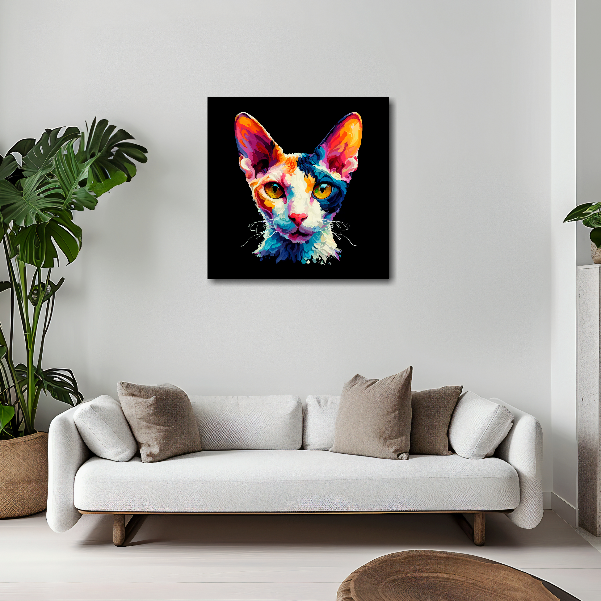 20 inch by 20 inch square canvas of a colourful Cornish Rex cat head portrait on a black background. Mounted on a white wall above a white sofa with decorative pillows.