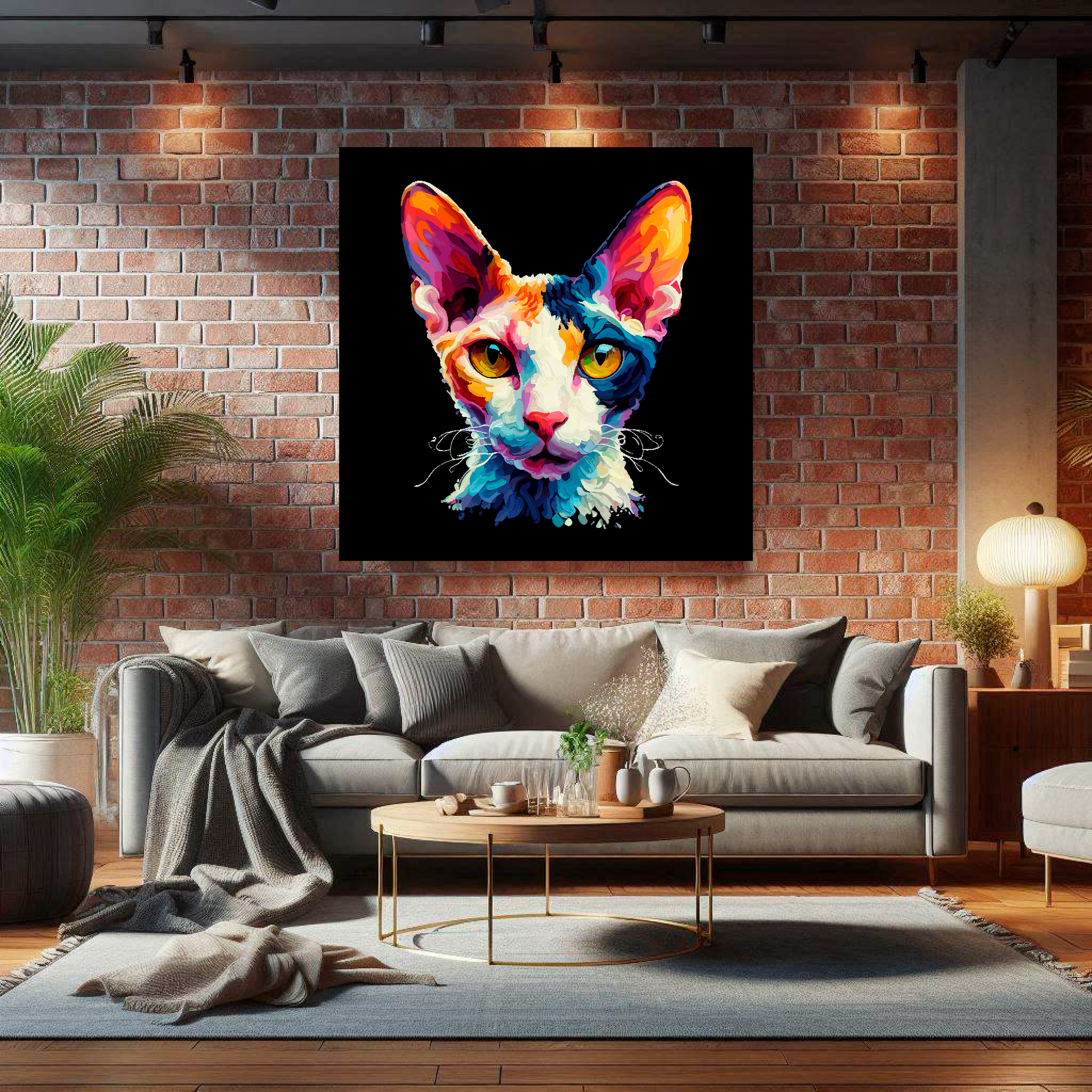Large canvas wall art - A vibrant multi-coloured head portrait of a Cornish Rex Cat. Available in 3 large sizes.
