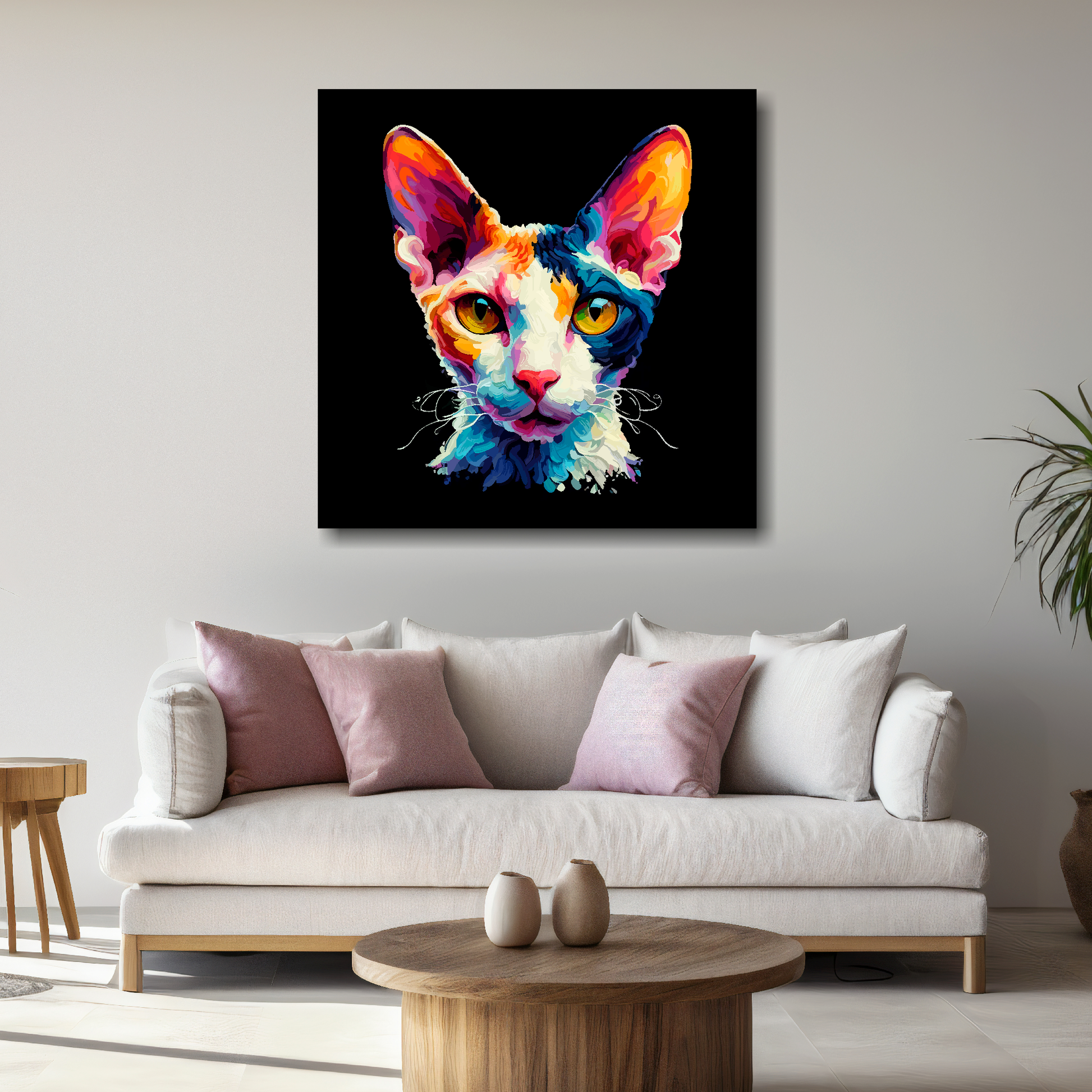 Large canvas wall art - A vibrant multi-coloured head portrait of a Cornish Rex Cat. Available in 3 large sizes.