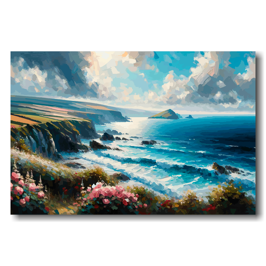 Painting of a coastal landscape with ocean, cliffs, and pink flowers.
