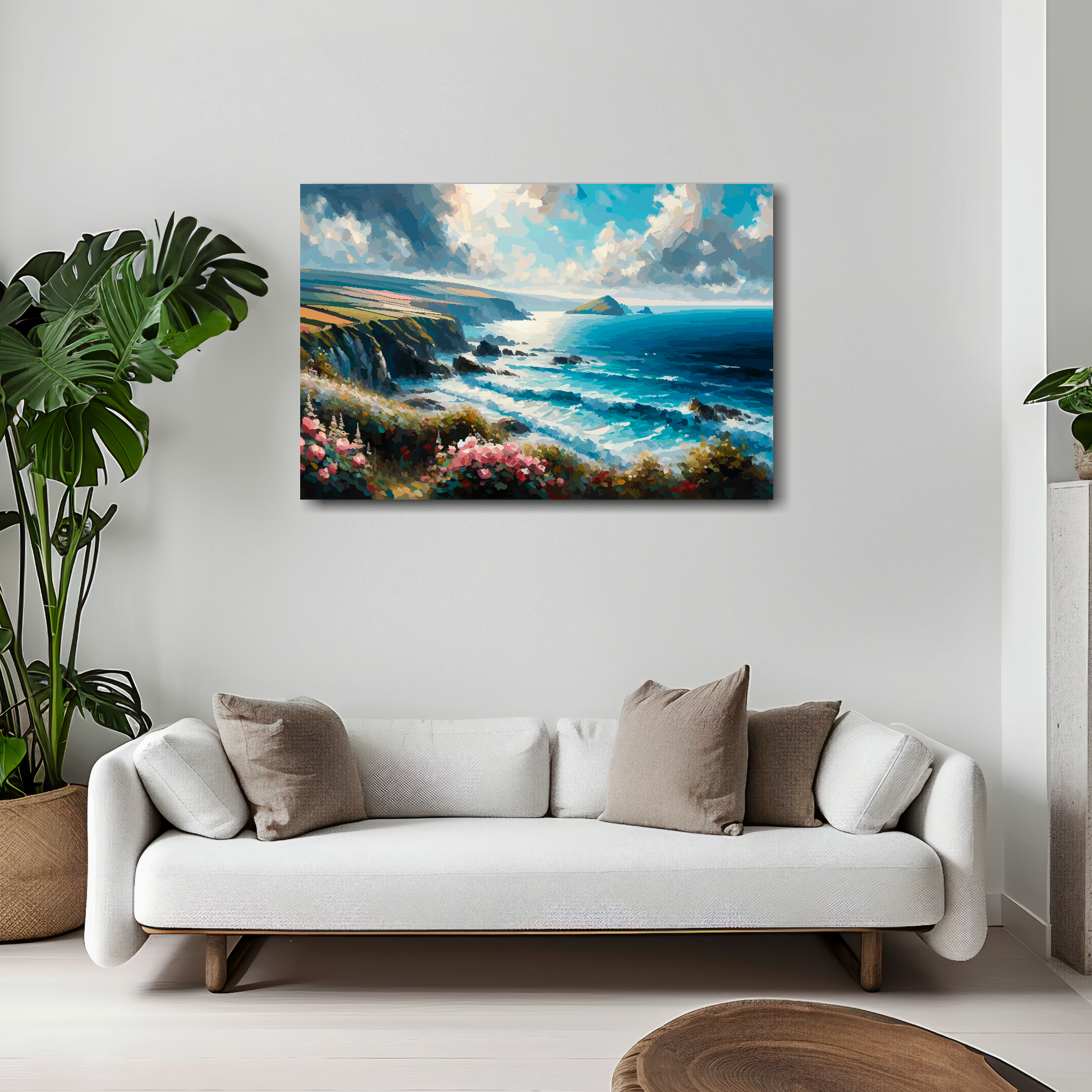 30 inch by 20 inch abstract canvas print of the Cornwall Coast. Mounted on a white wall above a white sofa with decorative pillows.