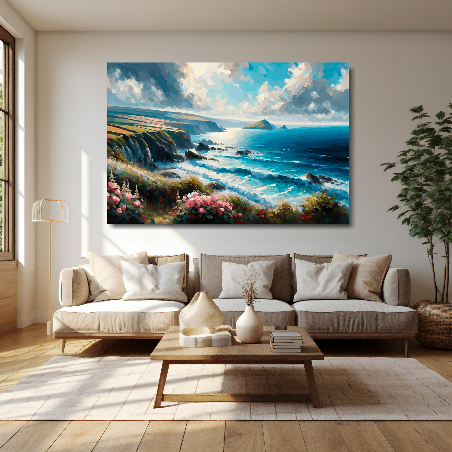 60 inch by 40 inch abstract canvas print of the Cornwall Coast. Mounted on a cream wall above a cream sofa with decorative pillows.