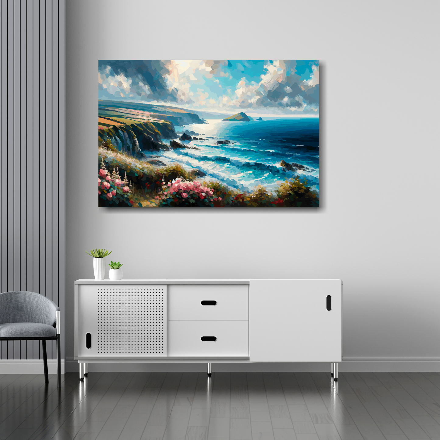 36 inch by 24 inch abstract canvas print of the Cornwall Coast. Mounted on a white wall above a white sideboard.