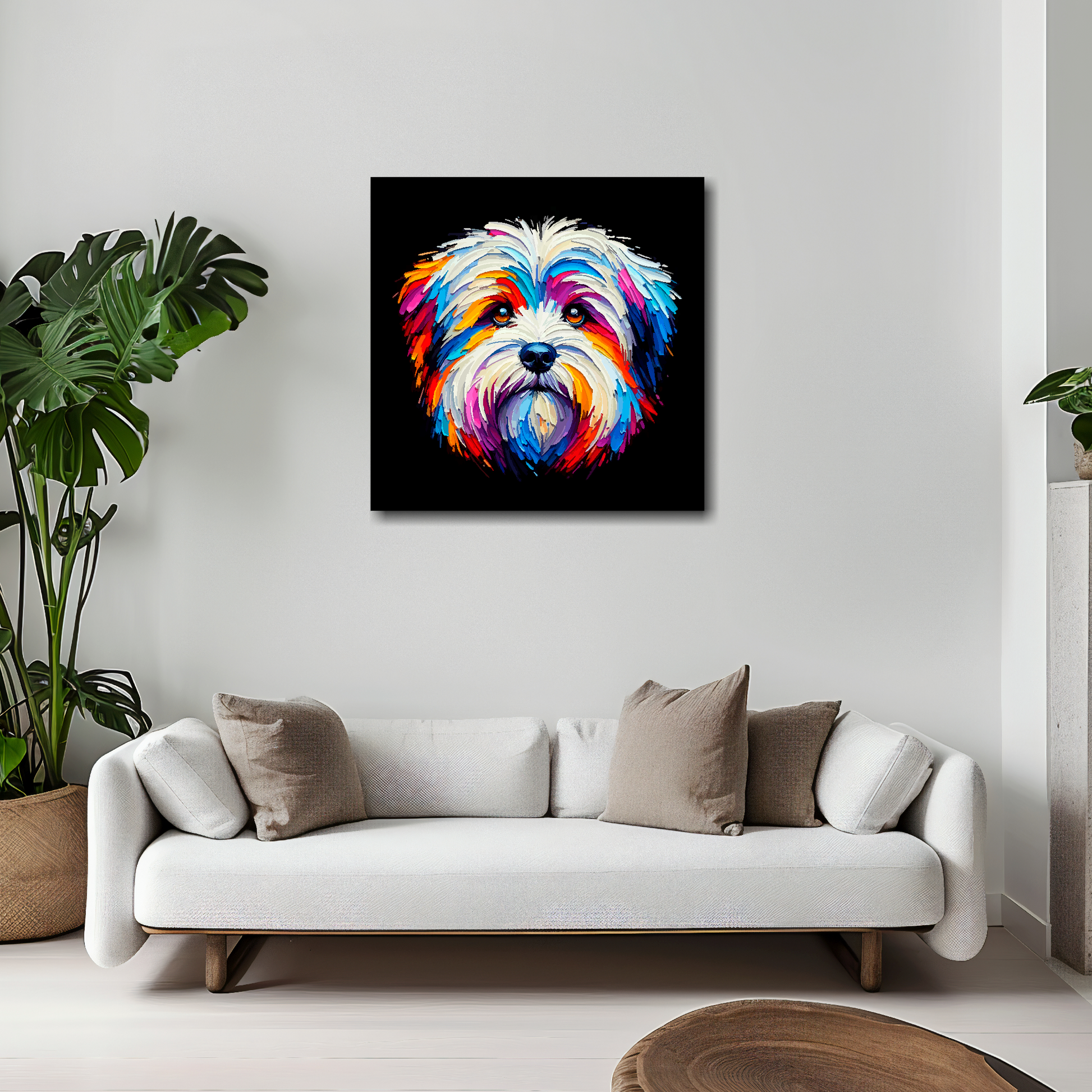 20 inch by 20 inch square canvas featuring a multi-coloured Coton De Tulear dog portrait. Mounted on a white wall above a white sofa with decorative pillows.