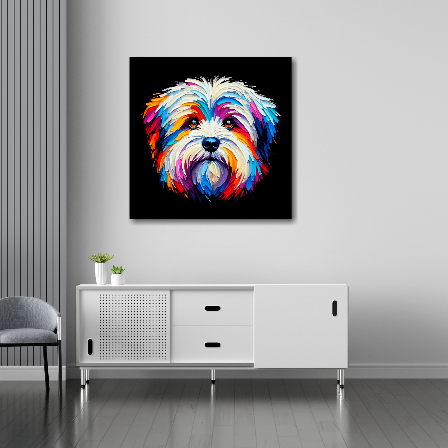30 inch by 30 inch square canvas featuring a multi-coloured Coton De Tulear dog portrait. Mounted on a white wall above a white sideboard.