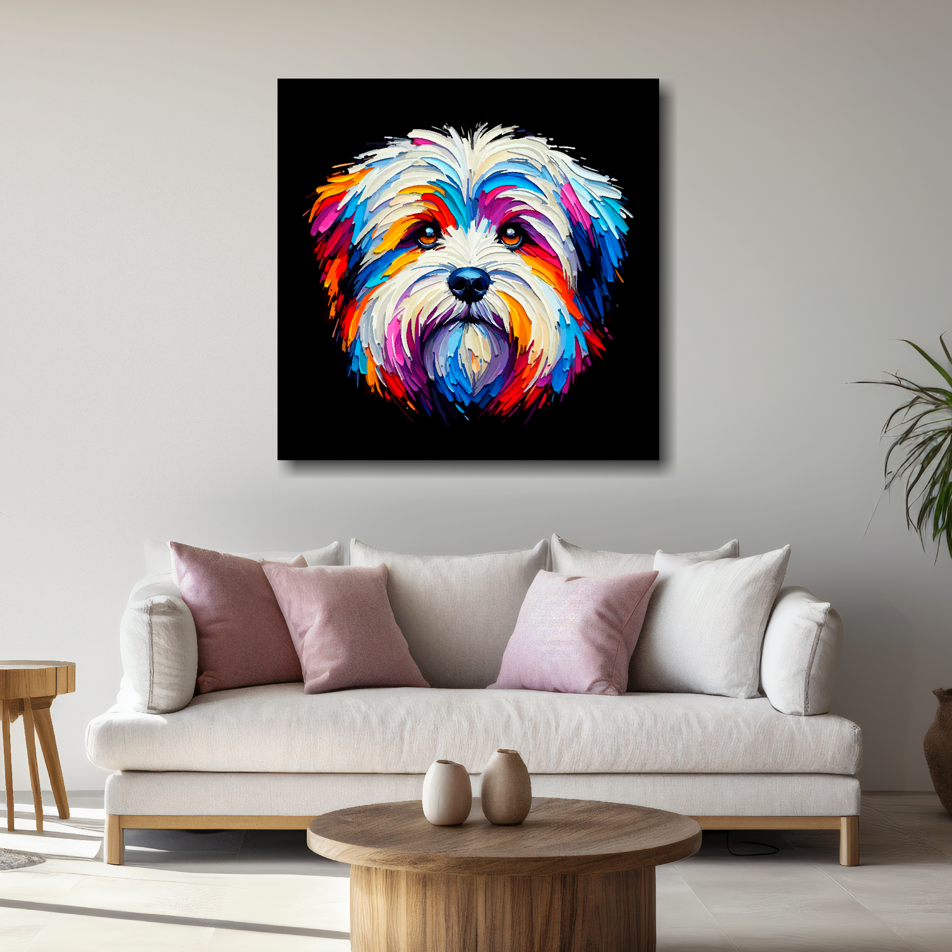 Large canvas wall art - A vibrant multi-coloured head portrait of a Coton De Tulear. Available in 3 large sizes.