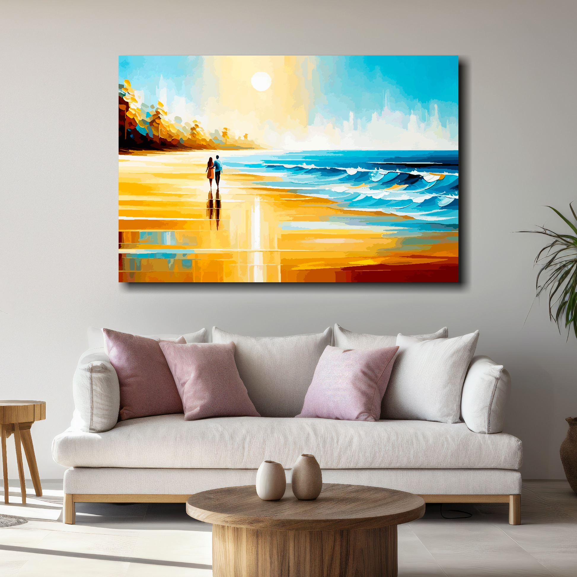 Large canvas wall art - A multi-coloured abstract of a couple walking along a beach. Available in 3 large sizes.