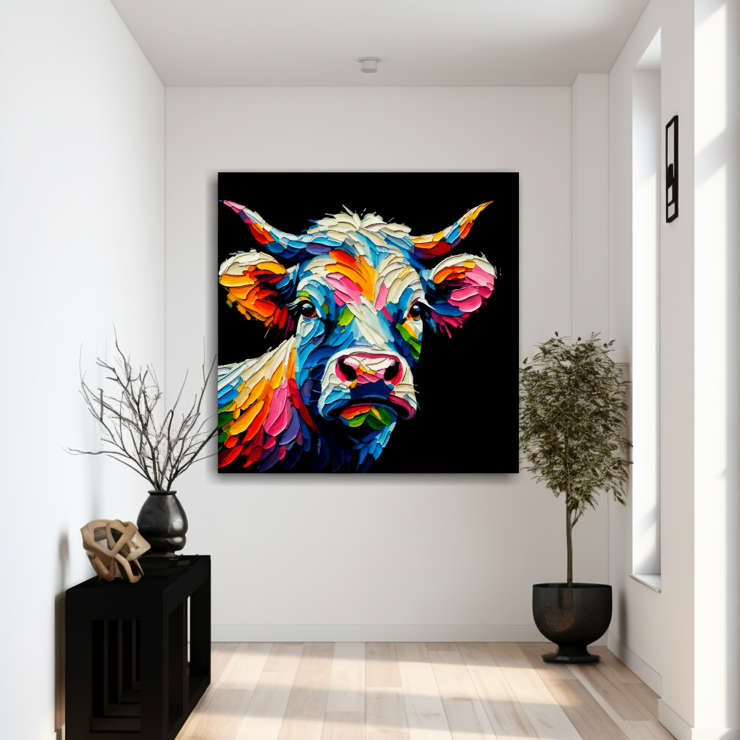 Large Cow canvas in a hallway - vibrant abstract farm animal portrait wall art UK

