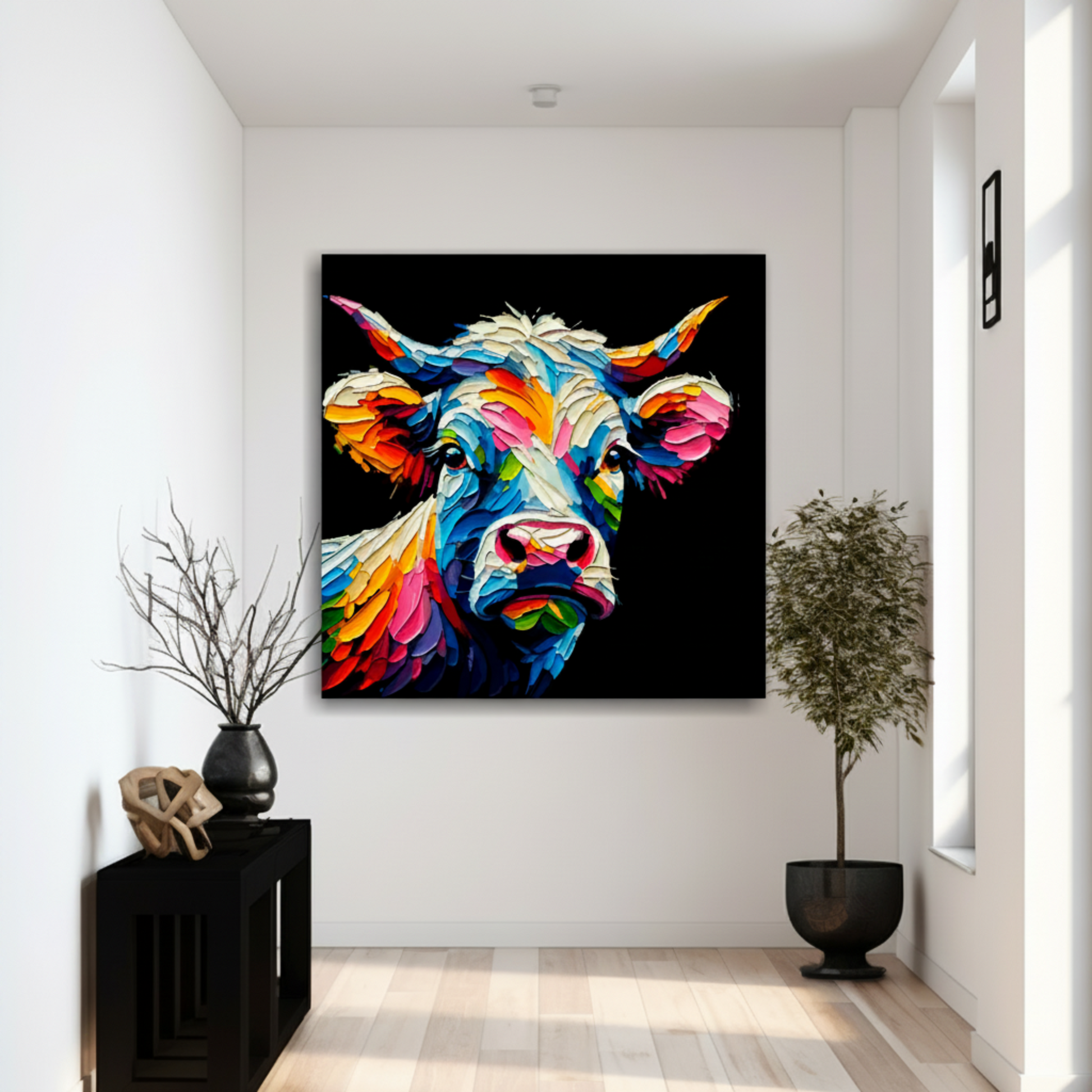 Large Cow canvas in a hallway - vibrant abstract farm animal portrait wall art UK
