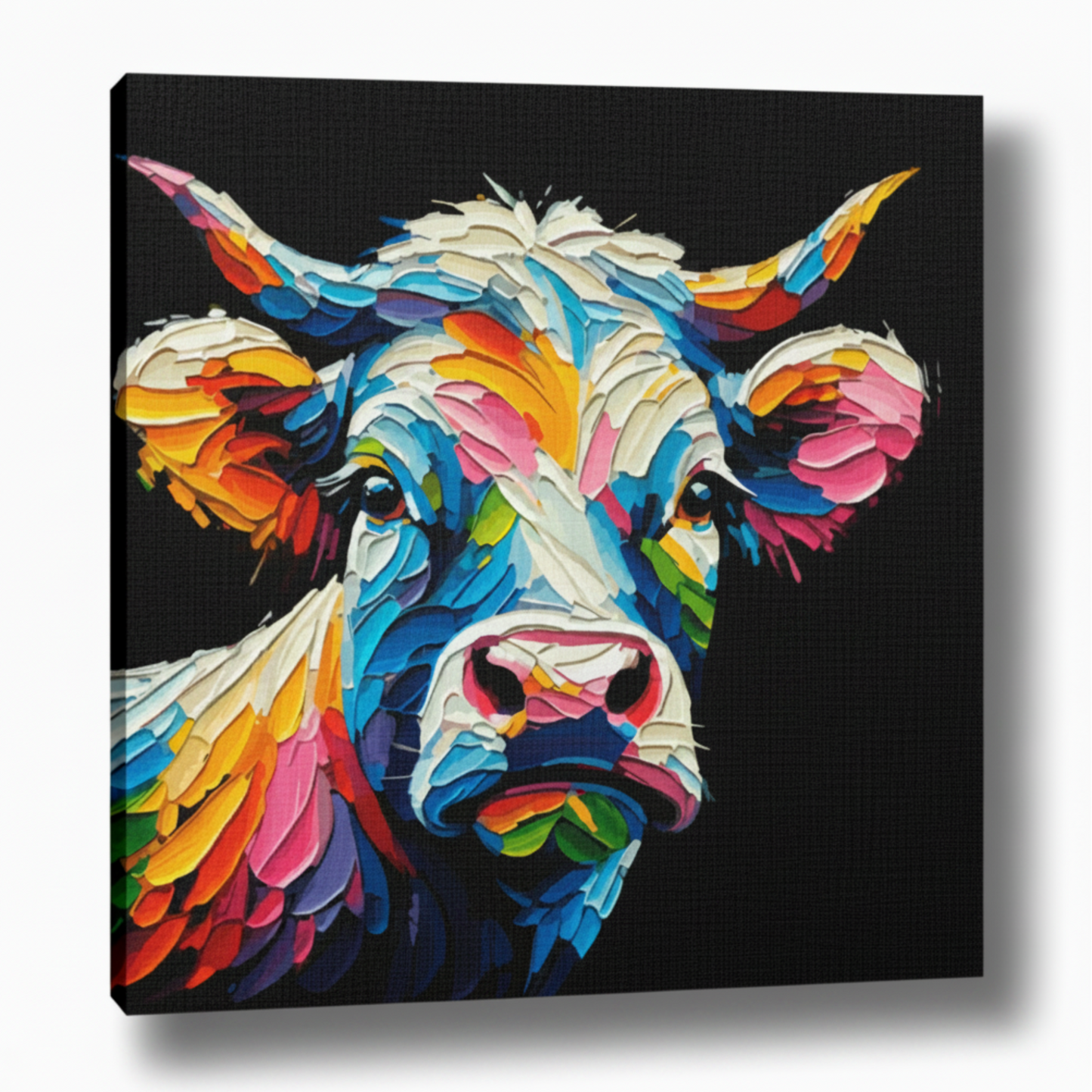 Colourful Cow animal portrait canvas print - UK made abstract wall art black background