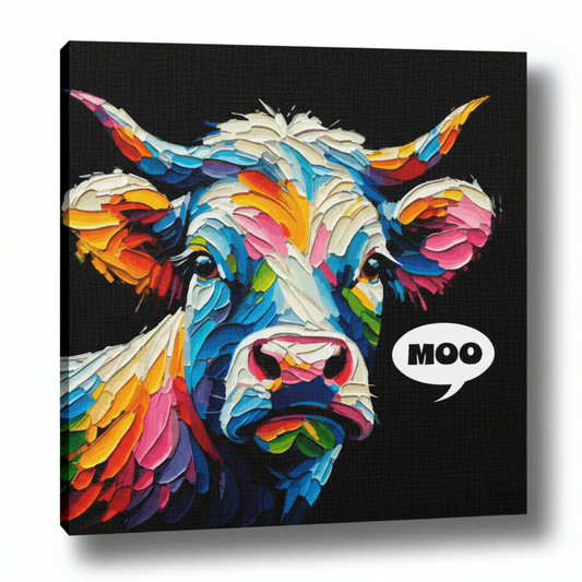 Colourful Cow farm animal portrait canvas print - UK made abstract wall art black background