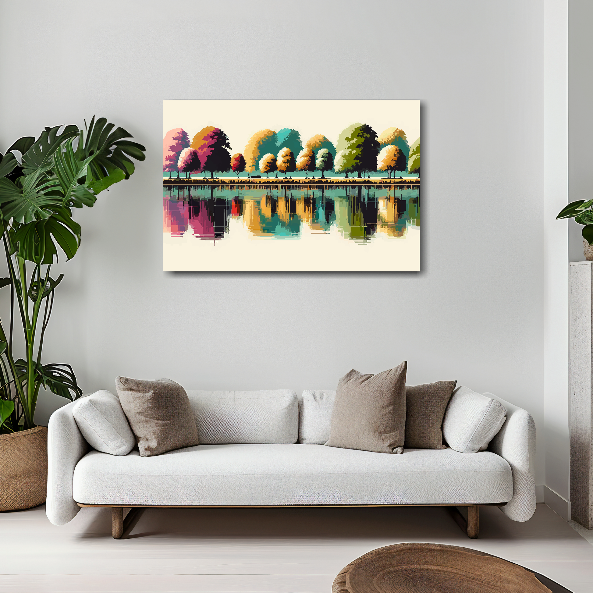 30 inch by 20 inch abstract canvas print of a row of colourful tree reflections. Mounted on a white wall above a white sofa with decorative pillows.