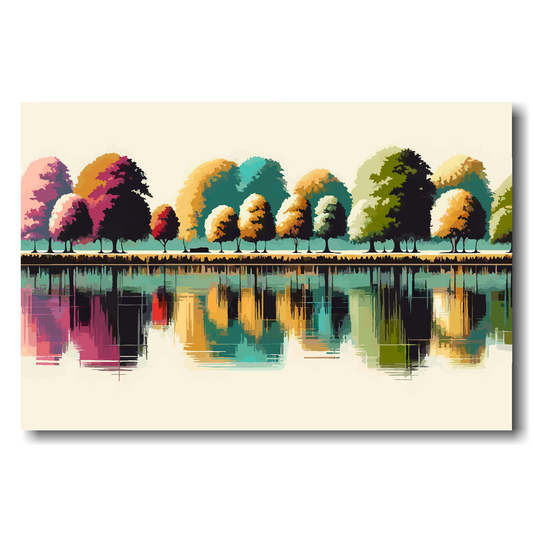 Vector art landscape with trees reflected in water on a beige background