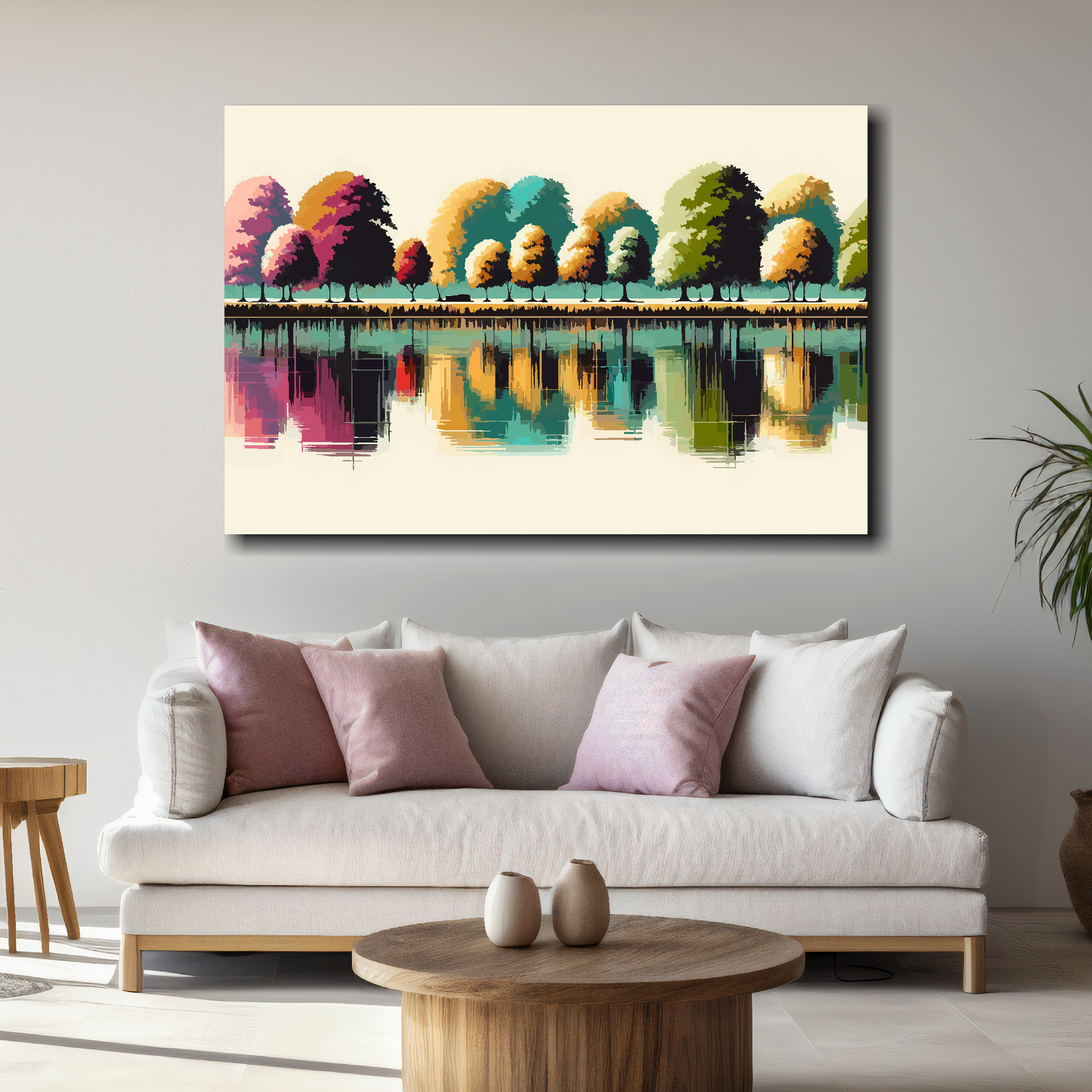Colorful landscape painting above a white sofa with pink and white cushions in a living room.