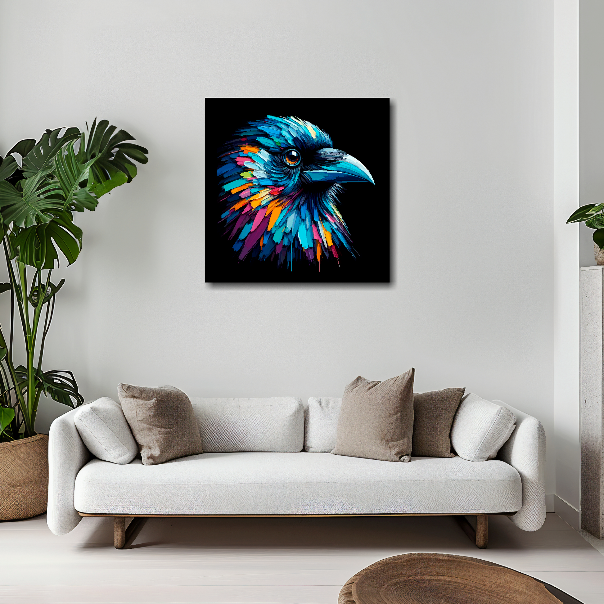 20 inch by 20 inch square canvas of a colourful Crow portrait on a black background. Mounted on a white wall above a white sofa with decorative pillows.